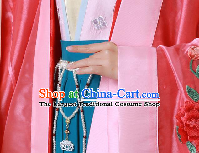 China Ancient Tang Dynasty Court Beauty Embroidered Hanfu Dress Wedding Historical Costumes and Headpieces Complete Set
