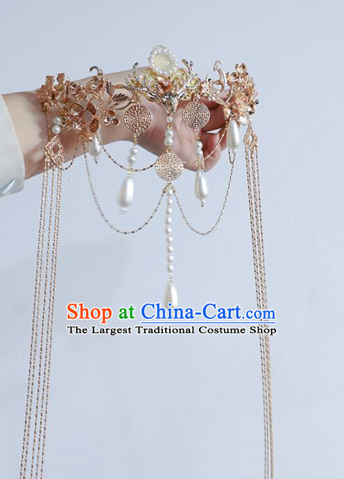 China Ancient Princess Golden Phoenix Coronet Traditional Ming Dynasty Pearls Tassel Hair Crown