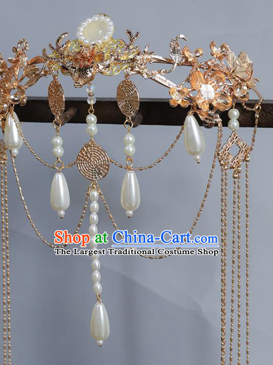 China Ancient Princess Golden Phoenix Coronet Traditional Ming Dynasty Pearls Tassel Hair Crown