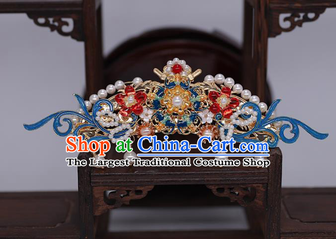 China Ancient Palace Lady Pearls Hair Stick Traditional Ming Dynasty Blueing Hair Crown