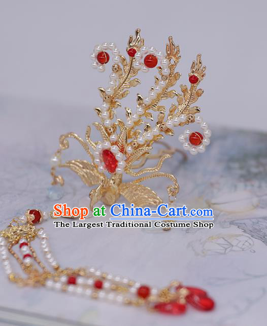 China Ancient Noble Lady Pearls Tassel Hairpin Traditional Ming Dynasty Princess Golden Phoenix Hair Stick