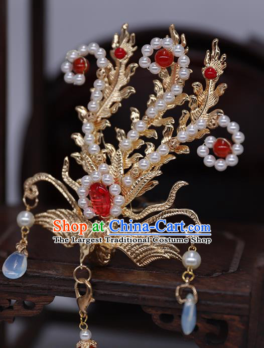 China Ancient Noble Lady Pearls Tassel Hairpin Traditional Ming Dynasty Princess Golden Phoenix Hair Stick
