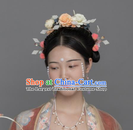 China Ancient Imperial Concubine Hair Accessories Traditional Song Dynasty Court Woman Silk Peony Hair Crown
