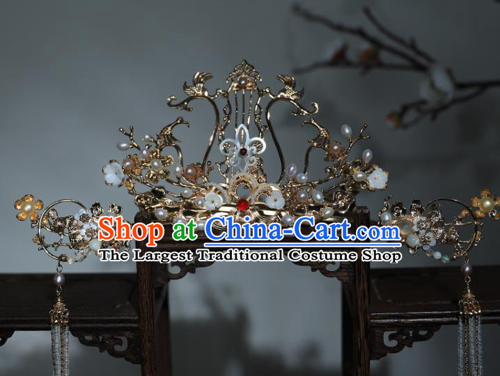 China Ancient Princess Hair Accessories Traditional Ming Dynasty Wedding Tassel Hair Crown and Hairpins Full Set
