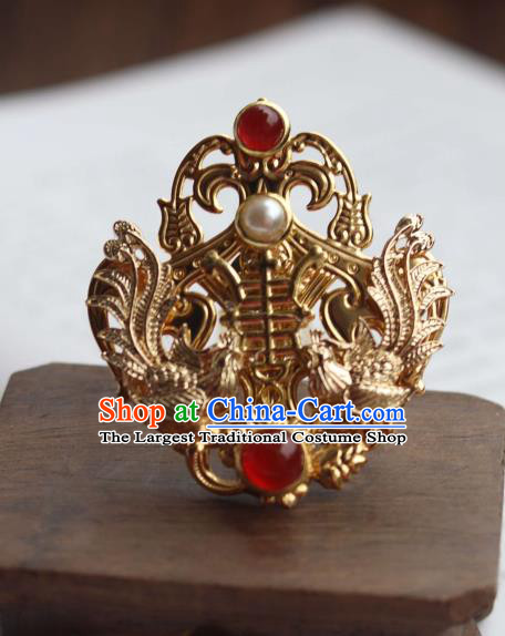 China Ancient Court Woman Pearls Hairpin Traditional Ming Dynasty Empress Golden Phoenix Hair Crown
