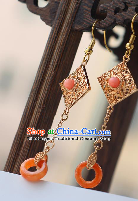Chinese Traditional Qing Dynasty Court Lady Earrings Ancient Princess Coral Ring Ear Jewelry