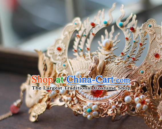 China Ancient Royal Empress Pearls Hairpin Traditional Ming Dynasty Queen Golden Phoenix Hair Crown