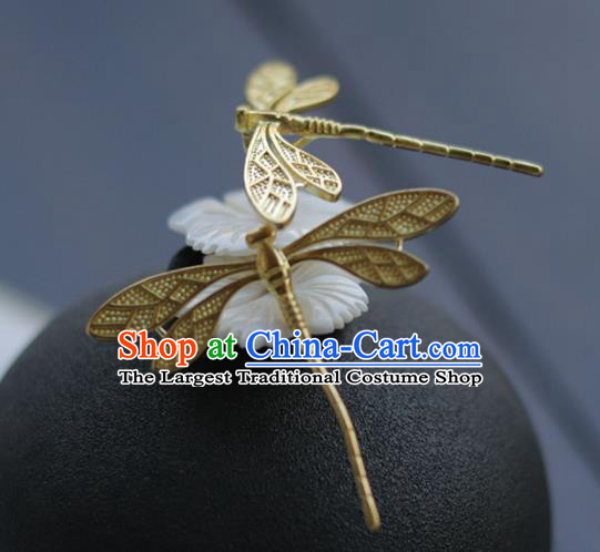 China Ancient Noble Lady Jade Hairpin Traditional Ming Dynasty Princess Golden Dragonfly Hair Stick