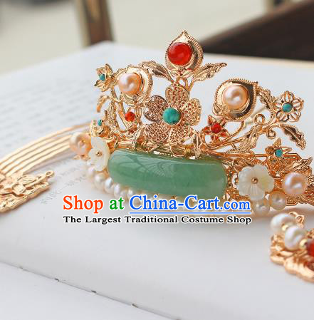 China Ancient Court Woman Jade Pearls Hairpin Traditional Ming Dynasty Princess Golden Plum Hair Crown