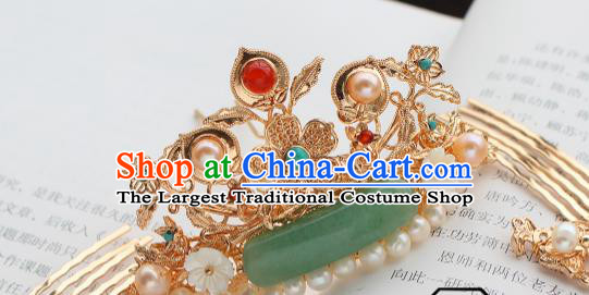 China Ancient Court Woman Jade Pearls Hairpin Traditional Ming Dynasty Princess Golden Plum Hair Crown