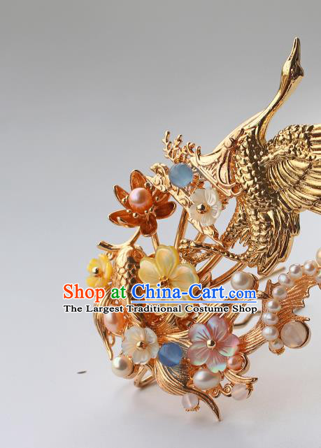 China Ancient Palace Lady Shell Plum Hairpin Traditional Ming Dynasty Princess Golden Crane Fish Hair Comb