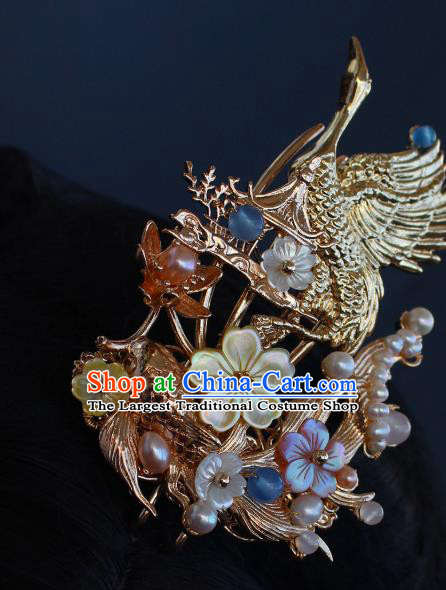 China Ancient Palace Lady Shell Plum Hairpin Traditional Ming Dynasty Princess Golden Crane Fish Hair Comb