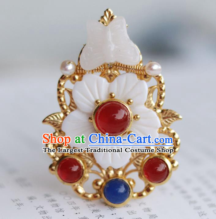 China Ancient Palace Lady Gems Hairpin Traditional Ming Dynasty Princess Jade Butterfly Hair Stick
