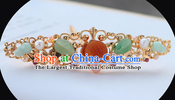 China Ancient Palace Lady Golden Hairpin Traditional Ming Dynasty Princess Agate Pearls Hair Crown
