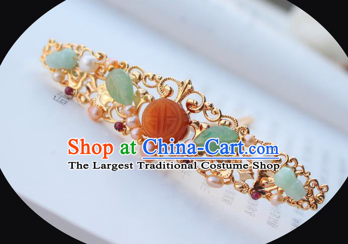 China Ancient Palace Lady Golden Hairpin Traditional Ming Dynasty Princess Agate Pearls Hair Crown