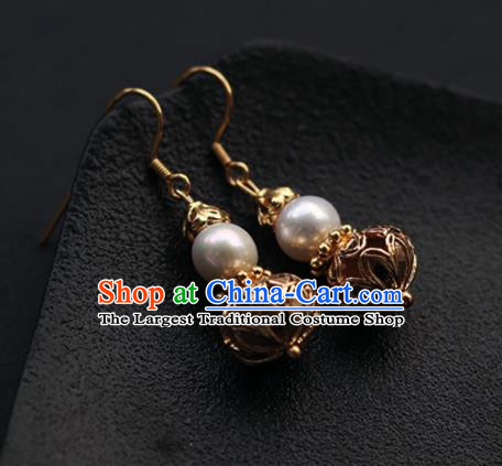 Chinese Traditional Ming Dynasty Court Empress Earrings Ancient Queen Golden Gourd Ear Jewelry