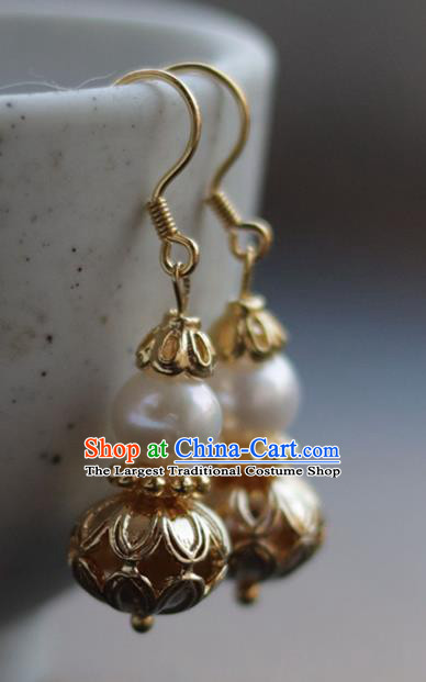 Chinese Traditional Ming Dynasty Court Empress Earrings Ancient Queen Golden Gourd Ear Jewelry