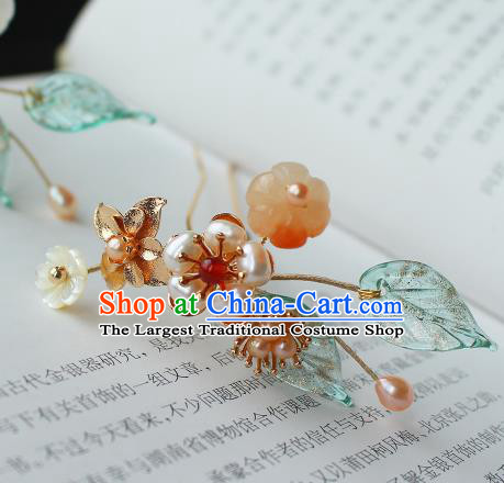 China Ancient Princess Jade Hairpin Traditional Ming Dynasty Noble Woman Pearls Plum Hair Stick