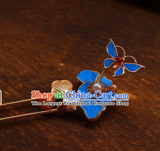 China Ancient Imperial Concubine Hairpin Traditional Qing Dynasty Court Woman Blue Butterfly Hair Stick