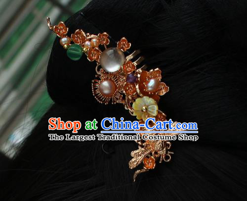 China Ancient Palace Lady Golden Bee Hairpin Traditional Ming Dynasty Princess Shell Plum Hair Comb