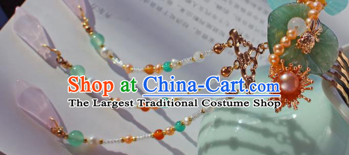 China Ancient Princess Jade Lotus Leaf Hairpin Traditional Song Dynasty Palace Lady Beads Tassel Hair Comb