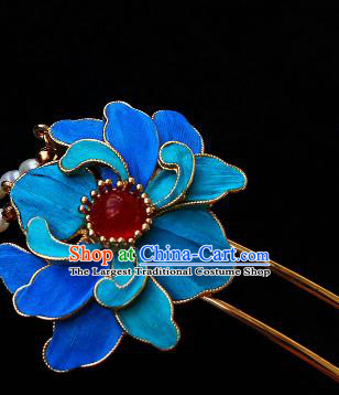 China Ancient Court Woman Blue Peony Hairpin Traditional Qing Dynasty Imperial Concubine Pearls Tassel Hair Stick