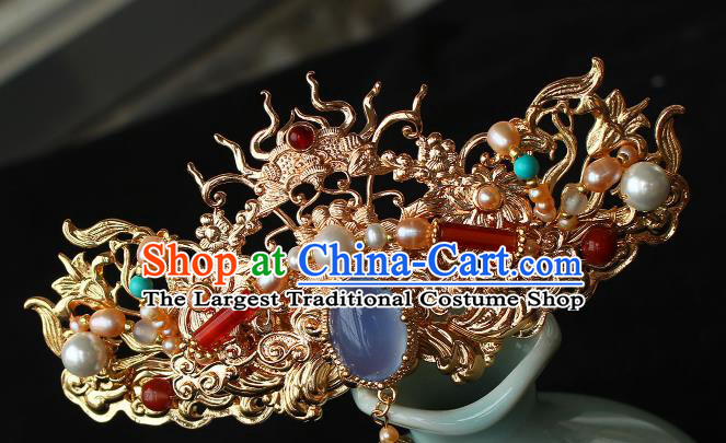 China Ancient Court Lady Agate Tassel Hairpin Traditional Ming Dynasty Imperial Concubine Golden Hair Crown