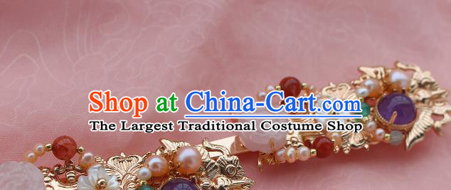 China Ancient Court Princess Golden Hairpin Traditional Ming Dynasty Palace Lady Pearls Hair Stick