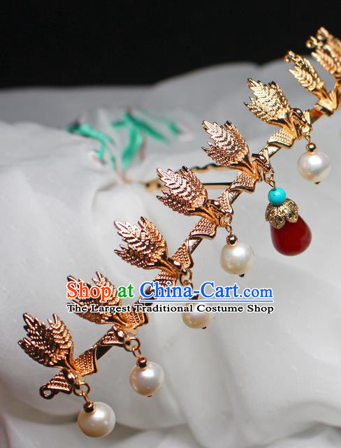 China Ancient Royal Empress Pearls Tassel Hairpin Traditional Ming Dynasty Noble Woman Golden Phoenix Hair Crown