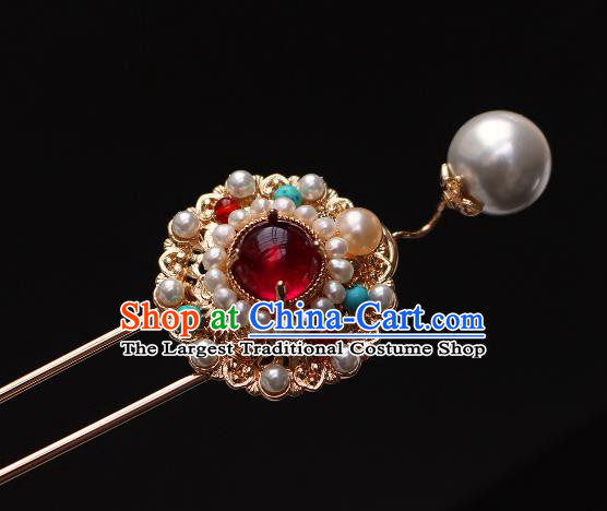 China Ancient Empress Golden Peony Hairpin Traditional Ming Dynasty Noble Woman Pearls Hair Stick
