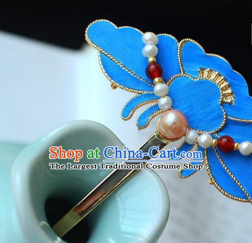 China Ancient Empress Pearls Hairpin Traditional Ming Dynasty Noble Woman Blue Peony Hair Stick