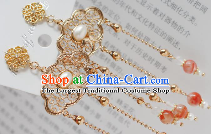 Chinese Traditional Cheongsam Red Beads Tassel Earrings Ancient Palace Lady Golden Ear Jewelry