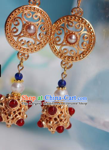 Chinese Traditional Cheongsam Garnet Earrings Ancient Qing Dynasty Palace Lady Ear Jewelry