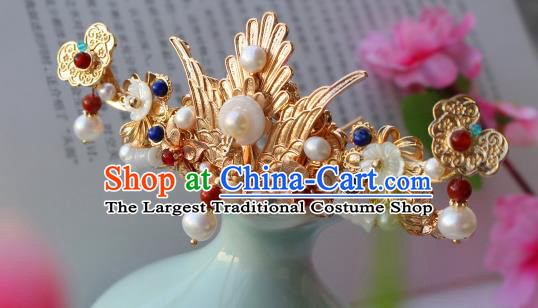 China Ancient Court Woman Golden Phoenix Hairpin Traditional Ming Dynasty Empress Pearls Hair Crown