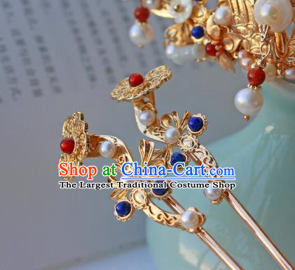 China Ancient Empress Golden Hairpin Traditional Ming Dynasty Palace Woman Gems Hair Stick