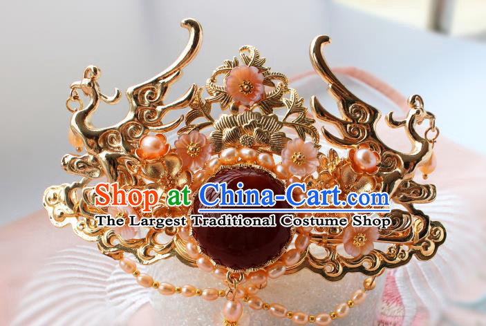 China Ancient Royal Empress Hairpin Headdress Traditional Ming Dynasty Princess Agate Pearls Hair Crown