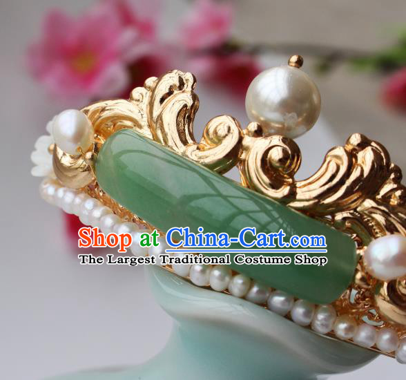 China Ancient Imperial Concubine Pearls Hairpin Traditional Ming Dynasty Palace Lady Jade Hair Stick