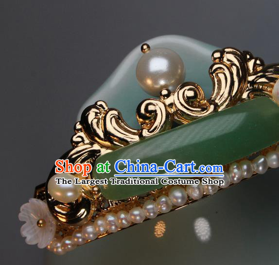 China Ancient Imperial Concubine Pearls Hairpin Traditional Ming Dynasty Palace Lady Jade Hair Stick