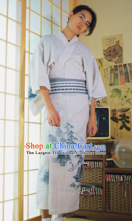 Japanese Male Clothing Asian Japan Traditional Ink Painting Landscape Yukata Robe