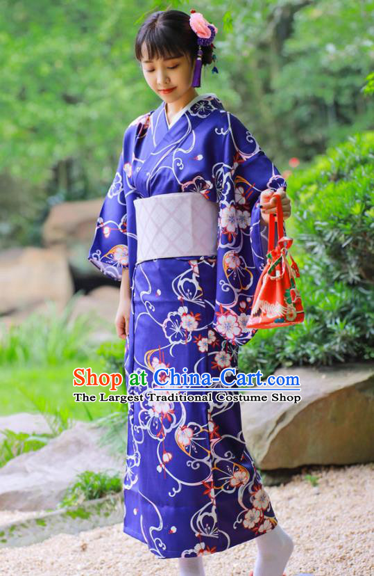 Asian Japan Printing Sakura Deep Blue Edo Komon Kimono Costume Japanese Traditional Young Lady Yukata Dress