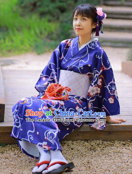 Asian Japan Printing Sakura Deep Blue Edo Komon Kimono Costume Japanese Traditional Young Lady Yukata Dress