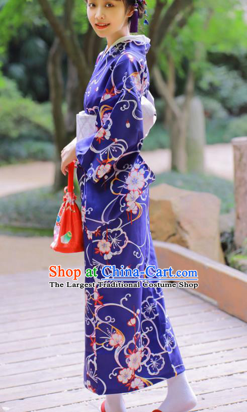 Asian Japan Printing Sakura Deep Blue Edo Komon Kimono Costume Japanese Traditional Young Lady Yukata Dress