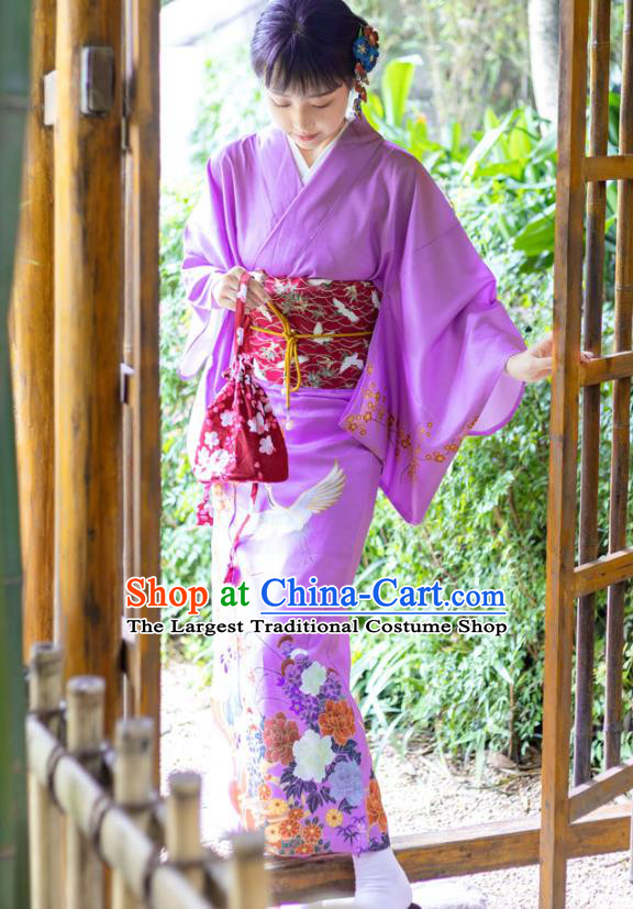 Japanese Traditional Young Lady Printing Crane Yukata Dress Asian Japan Lilac Edo Komon Kimono Costume