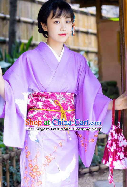 Japanese Traditional Young Lady Printing Crane Yukata Dress Asian Japan Lilac Edo Komon Kimono Costume