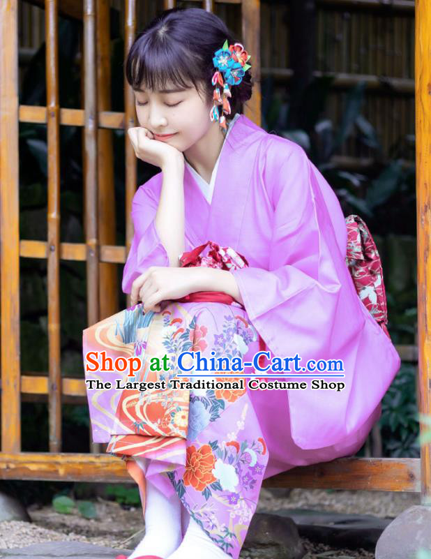 Japanese Traditional Young Lady Printing Crane Yukata Dress Asian Japan Lilac Edo Komon Kimono Costume