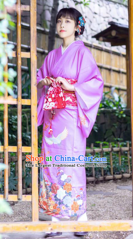 Japanese Traditional Young Lady Printing Crane Yukata Dress Asian Japan Lilac Edo Komon Kimono Costume
