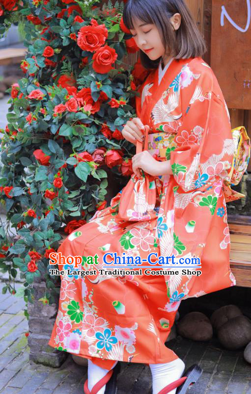 Japanese Traditional Wedding Printing Sakura Red Yukata Dress Asian Japan Bride Furisode Kimono Costume