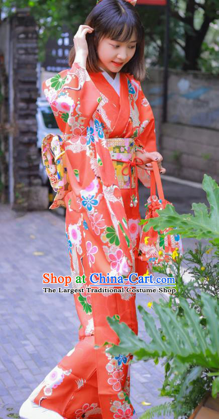 Japanese Traditional Wedding Printing Sakura Red Yukata Dress Asian Japan Bride Furisode Kimono Costume