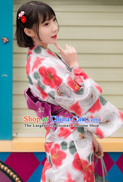 Asian Japan Printing Plum Blossom Kimono Costume Japanese Traditional Hanabi Taikai Yukata Dress