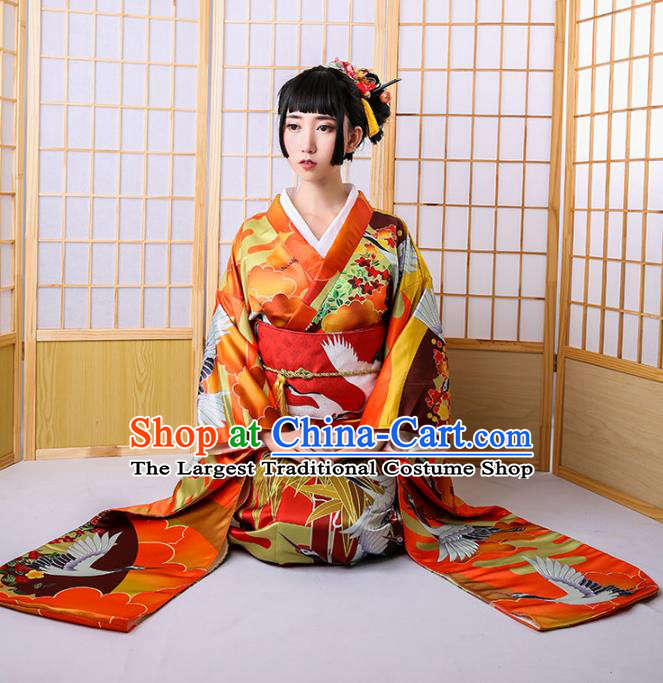 Asian Japan Court Bride Furisode Kimono Costume Japanese Traditional Wedding Printing Crane Red Satin Yukata Dress Apparels